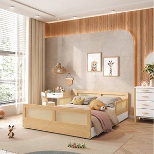 Cama Montessoriano Casal Lift em Madeira Maciça com Rattan 2 Grades Casatema