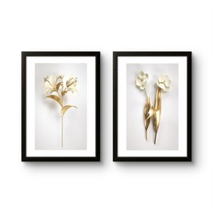 Kit 2 Quadros Decoração Grande Flores Douradas para Sala Quarto com Moldura 40x60cm