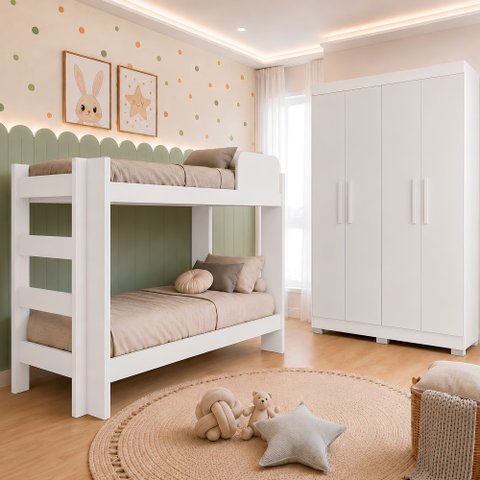Quarto Infantil Completo com Guarda-Roupa e Beliche Théo Branco