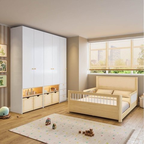 Quarto Completo Montessoriano, Cama Casal Evolutiva e Guarda-Roupa Modulado com LED Wave Casatema MadeiraOriginals Branco/Marrom