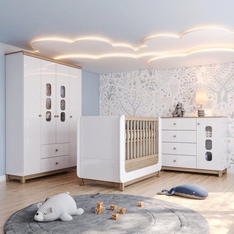 Conjunto Quarto de Bebê Berço 2 em 1, Guarda-Roupa e Cômoda Sophia Espresso Móveis Branco/Jequitiba