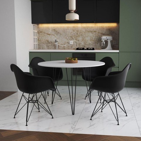 Mesa Jantar Redonda 110Cm Branca Clips 3 Pés Com 4 Poltronas Pretas Ferro Preto - Cor: Branco