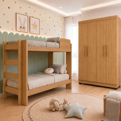 Quarto Infantil Completo com Guarda-Roupa e Beliche Théo Marrom/Amadeirado