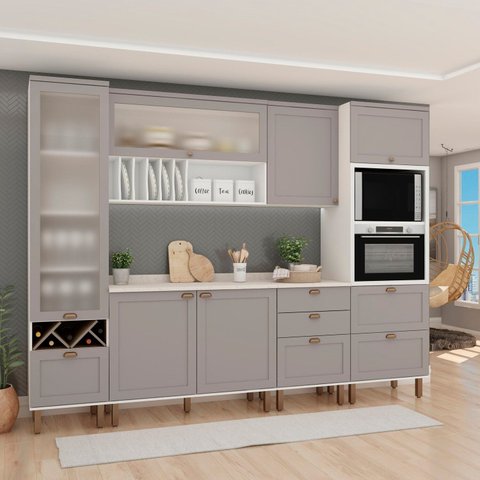Cozinha Completa Modulada 6 Peças 1 Cristaleira 2 Armários Aéreos 1 Paneleiro 2 Balcões com Tampos Impermeáve Cinza/Branco/Fendi