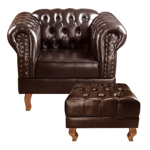 Poltrona com Puff Decorativo Chesterfield Capitonê Dom Pedro Marrom Café
