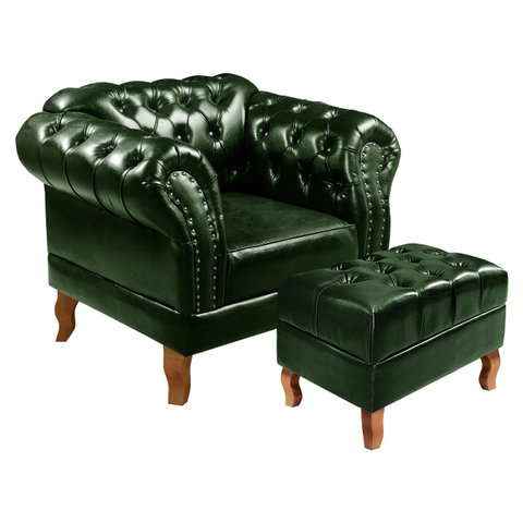 Poltrona com Puff Decorativo Chesterfield Capitonê Dom Pedro Verde