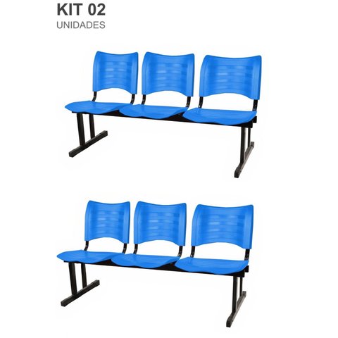 Kit com 2 Cadeiras Longarina Plástica 03 Lugares Cor Azul Mastcmol