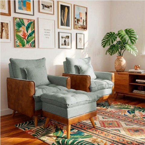 Kit 2 Poltronas Sofá Reclinável Londres com Puff Banqueta Almofadado Corino e Linho Cinza - Arkell