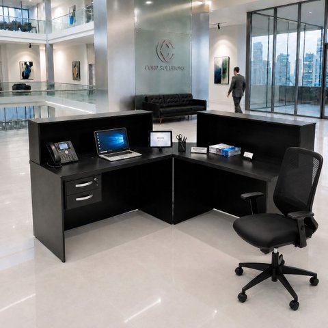 Balcão de Atendimento em L com Gaveta 120x60cm para Loja e Recepção + Cadeira Ergonômica Netflex