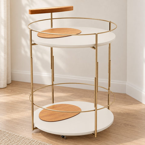 Carrinho Bar Móbile - Cor: Off White/Natural - Metal: Dourado