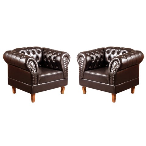 Conjunto 2 Poltronas Chesterfield Dom Pedro Decoração Sala Recepção Retrô Marrom Café