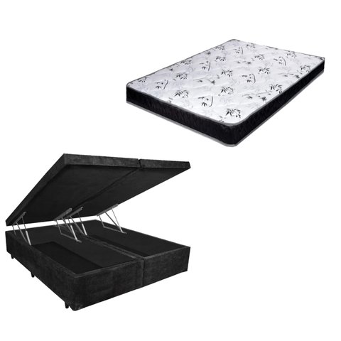 Cama Box Baú Queen Bi-Partido Green Preto Suede + Colchão Espuma D33 138x188x17