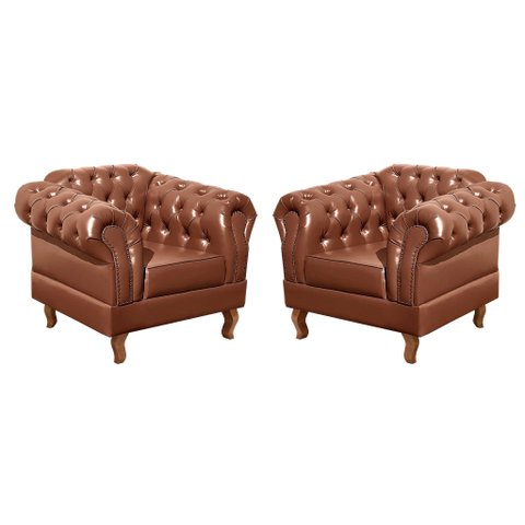 Conjunto 2 Poltronas Chesterfield Dom Pedro Decoração Sala Recepção Retrô Marrom Caramelo