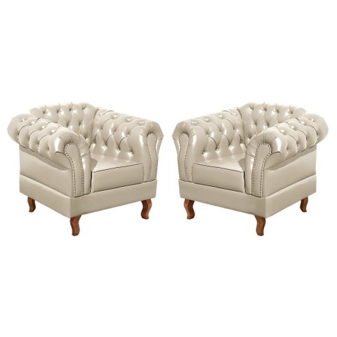 Conjunto 2 Poltronas Chesterfield Dom Pedro Decoração Sala Recepção Retrô Bege