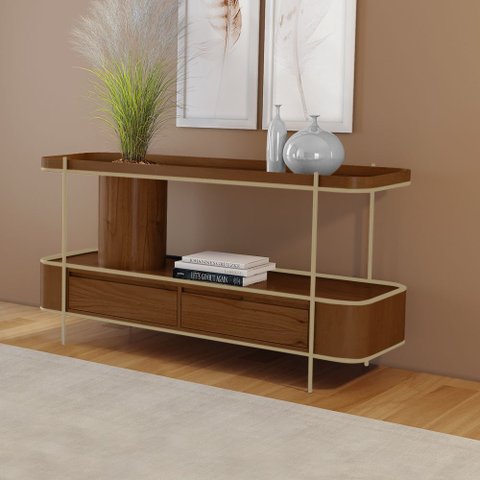 Aparador Sala de Jantar Cachepot em Madeira Maciça Imbuia Mel 2 Gavetas Estrutura Metal Champagne