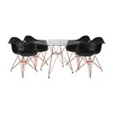 Ver imagem 1 de Conjunto Jantar Mesa Redonda Vidro Eames Eiffel 90cm com 4 Poltronas Pretas Ferro Cobre
