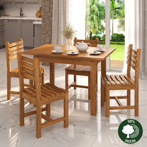 Conjunto Florença Mesa com 4 Cadeiras Madeira Maciça Marrom/Mogno Mel