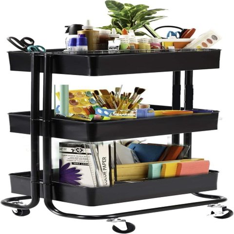 Carrinho Multiuso Organizador 3 Prateleiras em Aco Preto Quarto Sala Brinquedos Salao Manicure Varan