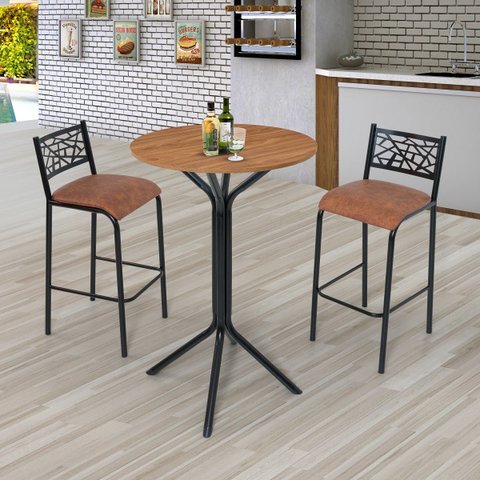 Conjunto Bistrô Dani 2 Banquetas e Mesa Tampo BP Redondo Preto/Fosco/Caramelo