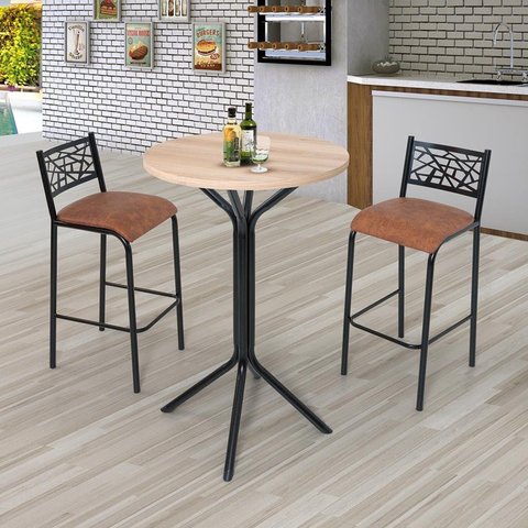 Conjunto Bistrô Dani 2 Banquetas e Mesa Tampo BP Redondo Preto/Fosco/Caramelo