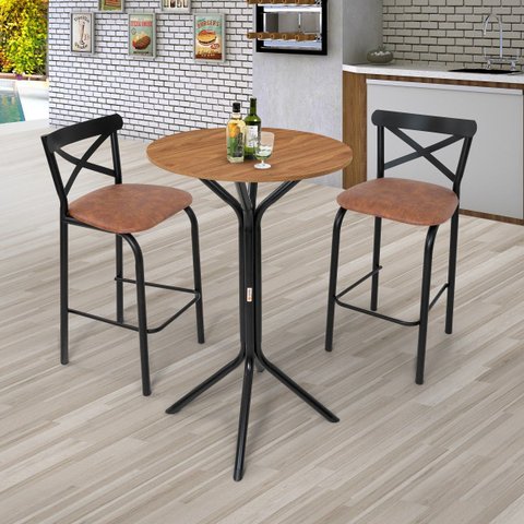 Conjunto Bistrô Tampo 0,65m Redondo com 2 Banquetas Tubo Paris Preto/Fosco/Caramelo
