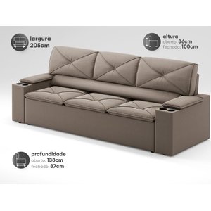 Sofá com Porta Copos Retrátil e Reclinável Pop 2,05m Velosuede Capuccino - Netsofas