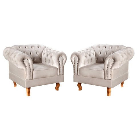 Conjunto 2 Poltronas Chesterfield Dom Pedro Decoração Sala Recepção Retrô Bege Claro