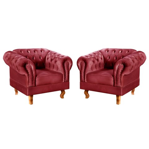 Conjunto 2 Poltronas Chesterfield Dom Pedro Decoração Sala Recepção Retrô Vermelho Bordô