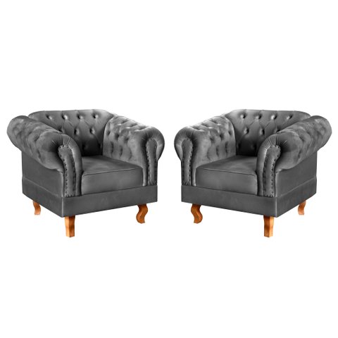 Conjunto 2 Poltronas Chesterfield Dom Pedro Decoração Sala Recepção Retrô Cinza Grafite