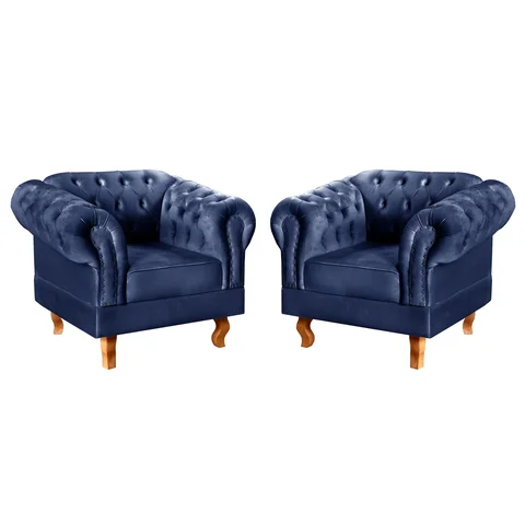 Conjunto 2 Poltronas Chesterfield Dom Pedro Decoração Sala Recepção Retrô Azul Marinho