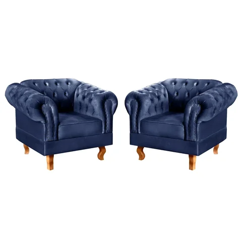 Conjunto 2 Poltronas Chesterfield Dom Pedro Decoração Sala Recepção Retrô Azul Marinho