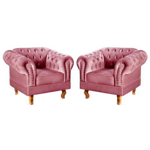 Conjunto 2 Poltronas Chesterfield Dom Pedro Decoração Sala Recepção Retrô Rosa