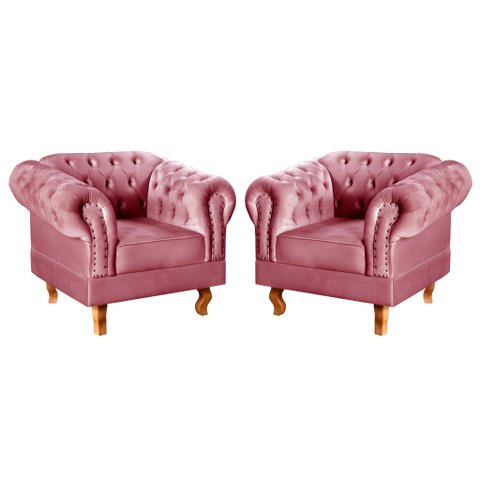 Conjunto 2 Poltronas Chesterfield Dom Pedro Decoração Sala Recepção Retrô Rosa