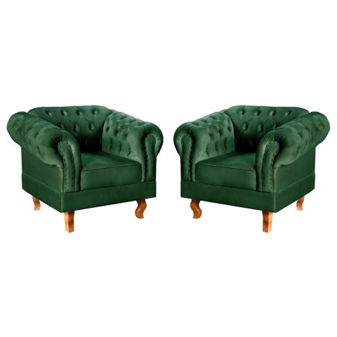Conjunto 2 Poltronas Chesterfield Dom Pedro Decoração Sala Recepção Retrô Verde