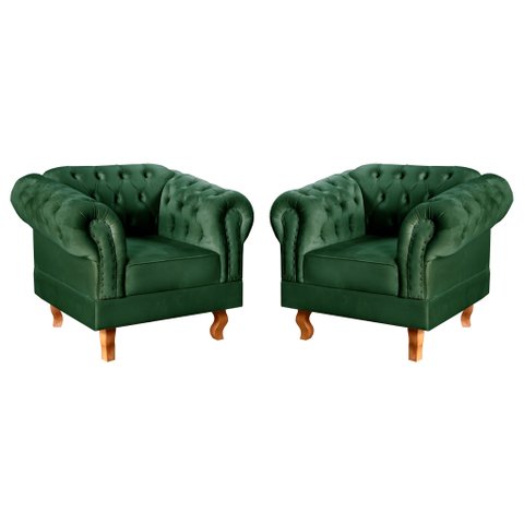 Conjunto 2 Poltronas Chesterfield Dom Pedro Decoração Sala Recepção Retrô Verde