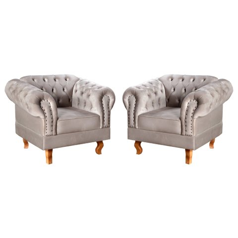 Conjunto 2 Poltronas Chesterfield Dom Pedro Decoração Sala Recepção Retrô Cinza Capuccino