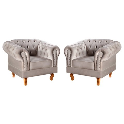 Conjunto 2 Poltronas Chesterfield Dom Pedro Decoração Sala Recepção Retrô Cinza Capuccino
