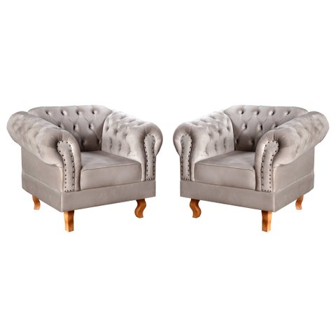 Conjunto 2 Poltronas Chesterfield Dom Pedro Decoração Sala Recepção Retrô Cinza Capuccino
