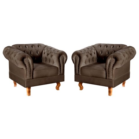 Conjunto 2 Poltronas Chesterfield Dom Pedro Decoração Sala Recepção Retrô Marrom
