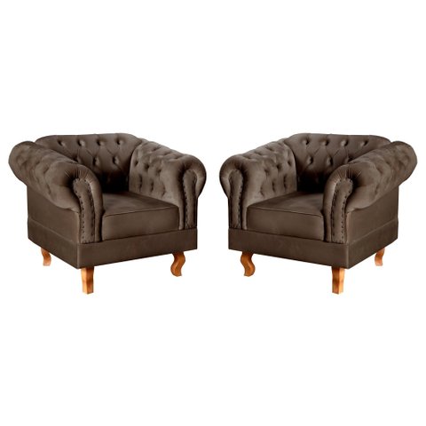 Conjunto 2 Poltronas Chesterfield Dom Pedro Decoração Sala Recepção Retrô Marrom