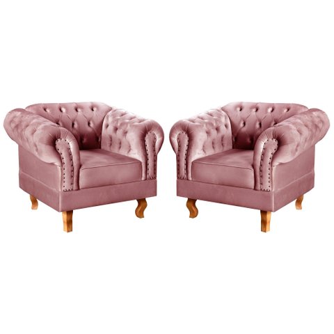 Conjunto 2 Poltronas Chesterfield Dom Pedro Decoração Sala Recepção Retrô Rosa Rose