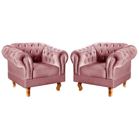 Conjunto 2 Poltronas Chesterfield Dom Pedro Decoração Sala Recepção Retrô Rosa Rose