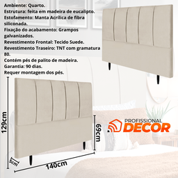 Cabeceira Casal Estofada 140cm Slim Veludo com Frames:bege - 3