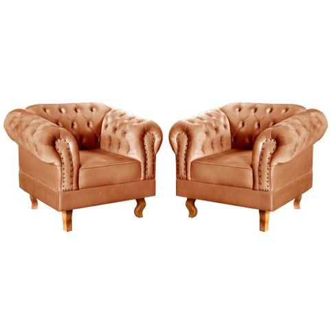 Conjunto 2 Poltronas Chesterfield Dom Pedro Decoração Sala Recepção Retrô Laranja Terracota