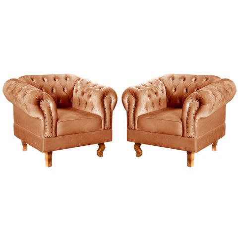Conjunto 2 Poltronas Chesterfield Dom Pedro Decoração Sala Recepção Retrô Laranja Terracota