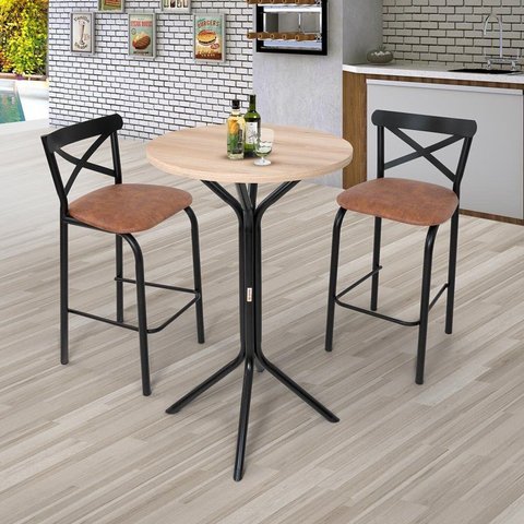 Conjunto Bistrô Tampo 0,65m Redondo com 2 Banquetas Tubo Paris Preto/Fosco/Caramelo