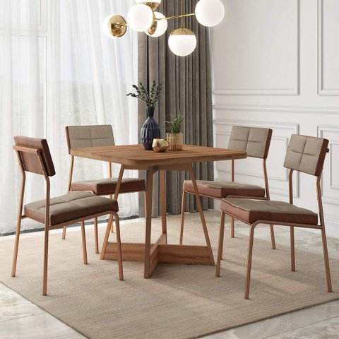 Conjunto Jantar Mesa 90cm + 4 Cadeiras Estofadas em Linho Nf