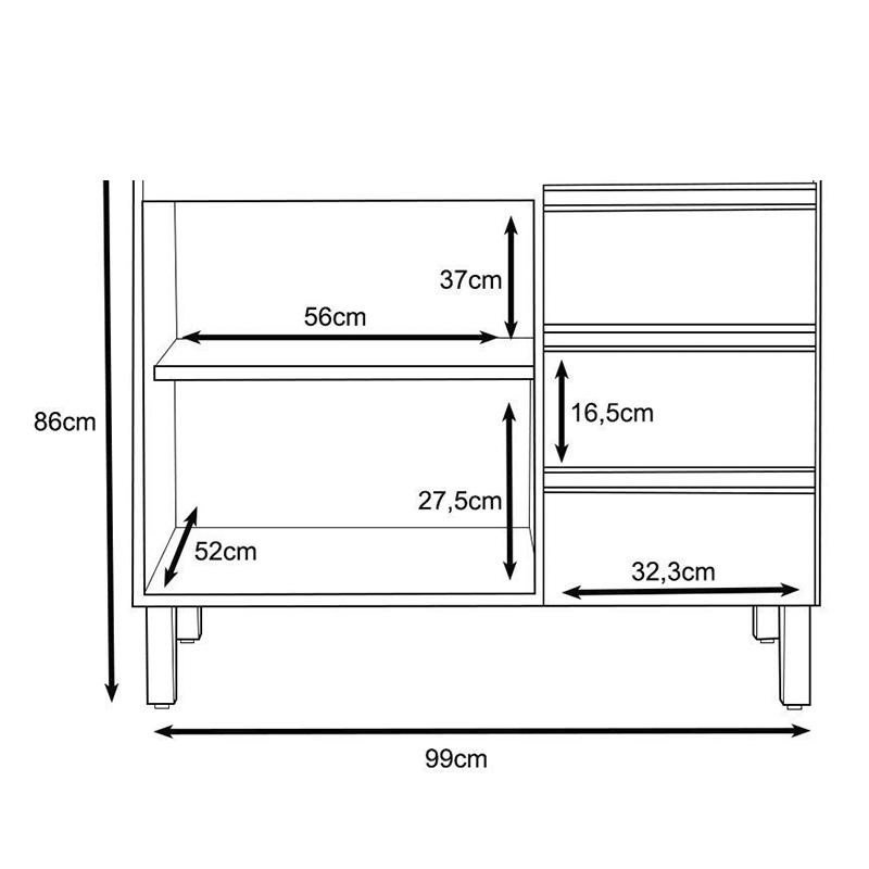 Balcão Karen 99cm 2 Portas 3 Gavetas Branco sem Tampo - Peternella Móveis - 3