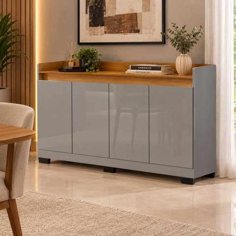Buffet Real 4 Portas Primus com Pés de Madeira e Acabamento Moderno - Cinza/Mel