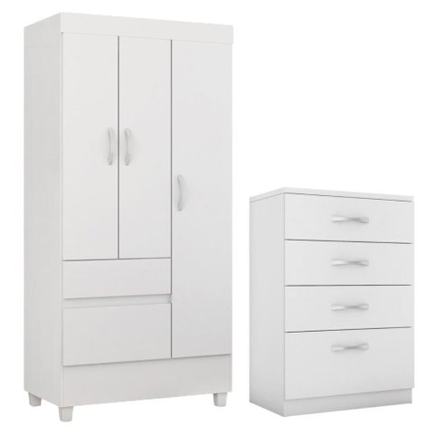 Kit Guarda Roupa Solteiro 3 Portas Wind Cômoda Astral - Branco